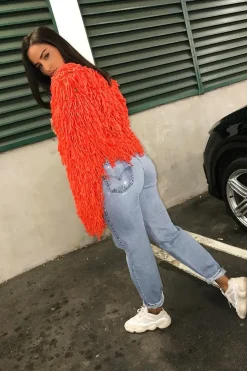 Rebellious Fashion Burnt Orange Shaggy Crop Jacket - Neha