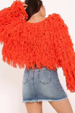 Rebellious Fashion Burnt Orange Shaggy Crop Jacket - Neha