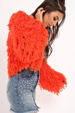 Rebellious Fashion Burnt Orange Shaggy Crop Jacket - Neha