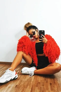 Rebellious Fashion Burnt Orange Shaggy Crop Jacket - Neha