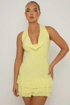 Rebellious Fashion Butter Yellow Cowl Front Ruffle Mini Dress - Marcela