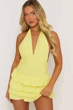 Rebellious Fashion Butter Yellow Halterneck Ruffle Mini Dress - Rita