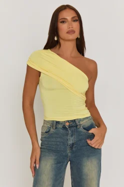 Rebellious Fashion Butter Yellow One Shoulder Jersey Top - Cadie