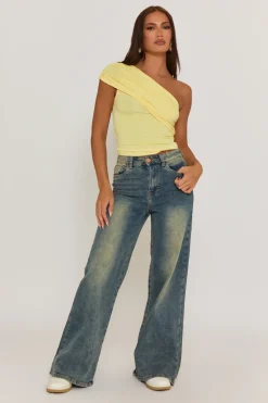 Rebellious Fashion Butter Yellow One Shoulder Jersey Top - Cadie