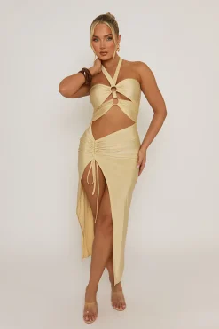 Rebellious Fashion Butter Yellow Ring Detail Cut Out Midaxi Dress - Livia