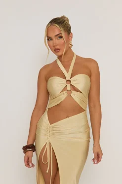 Rebellious Fashion Butter Yellow Ring Detail Cut Out Midaxi Dress - Livia