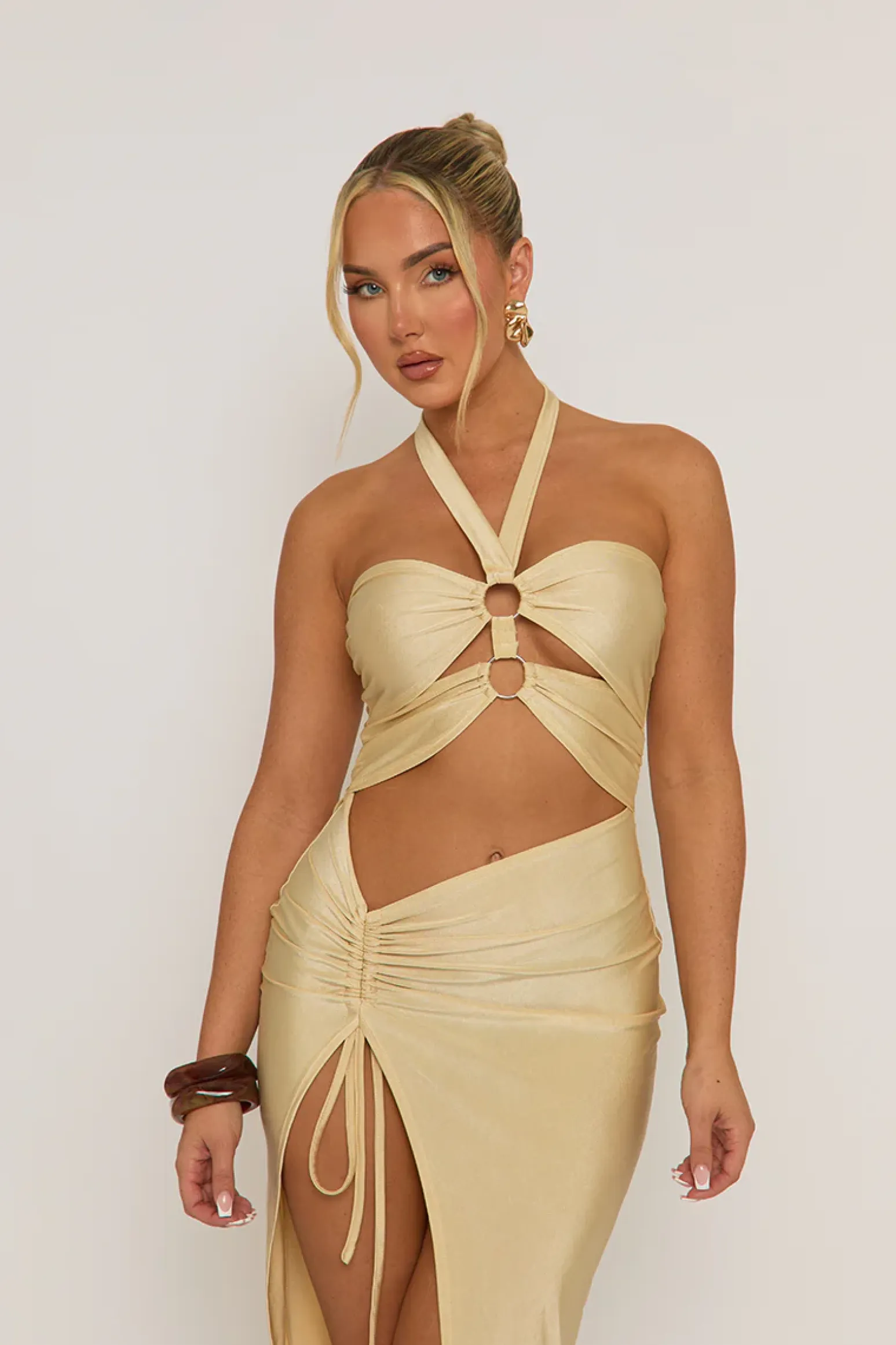 Rebellious Fashion Butter Yellow Ring Detail Cut Out Midaxi Dress - Livia