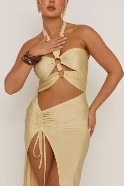 Rebellious Fashion Butter Yellow Ring Detail Cut Out Midaxi Dress - Livia