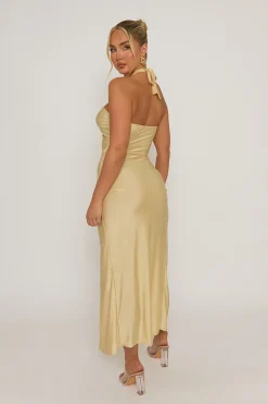 Rebellious Fashion Butter Yellow Ring Detail Cut Out Midaxi Dress - Livia