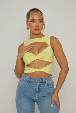 Rebellious Fashion Butter Yellow Twist Front Cut Out Top - Sonia