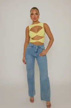 Rebellious Fashion Butter Yellow Twist Front Cut Out Top - Sonia