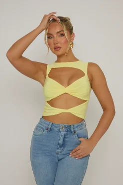 Rebellious Fashion Butter Yellow Twist Front Cut Out Top - Sonia