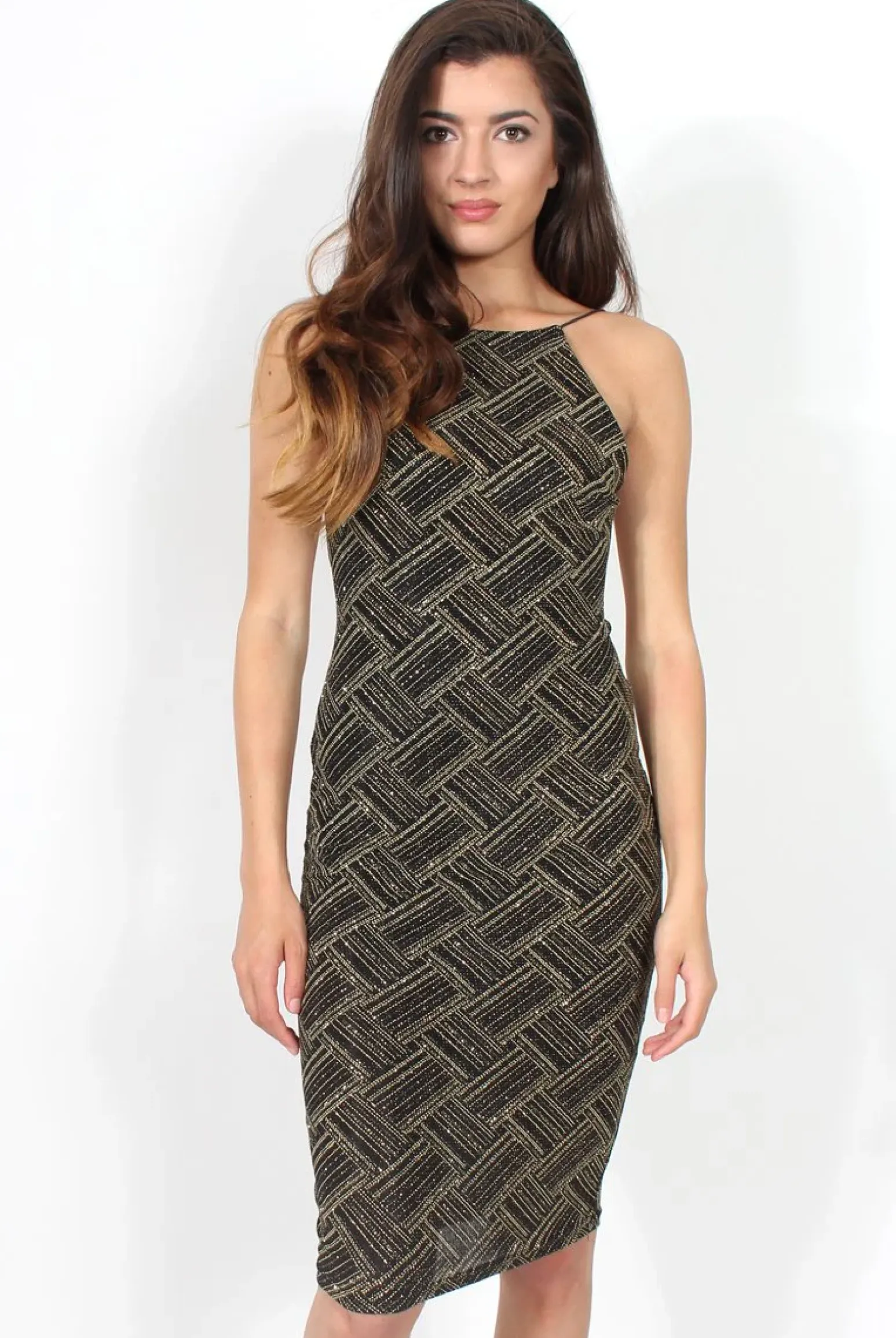 Rebellious Fashion Caitlin Black & Gold Backless Bodycon Midi Dress