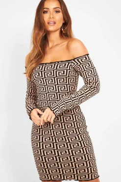 Rebellious Fashion Camel Aztec Lettuce Hem Bardot Dress - Marleigh