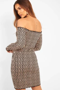 Rebellious Fashion Camel Aztec Lettuce Hem Bardot Dress - Marleigh