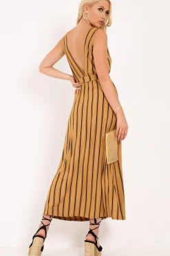 Rebellious Fashion Camel Black Stripe Plunge Wrap Maxi - Skyelin