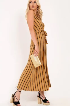 Rebellious Fashion Camel Black Stripe Plunge Wrap Maxi - Skyelin