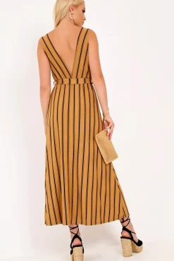 Rebellious Fashion Camel Black Stripe Plunge Wrap Maxi - Skyelin