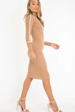 Rebellious Fashion Camel Contrast Stripe Detail High Neck Midi Dress - Niana