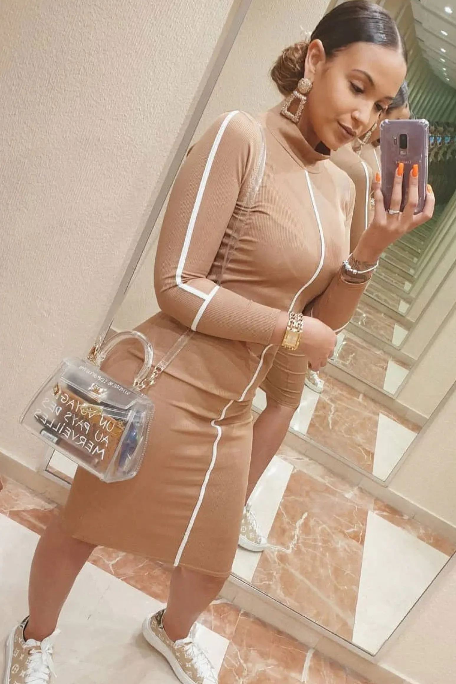 Rebellious Fashion Camel Contrast Stripe Detail High Neck Midi Dress - Niana