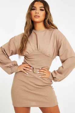 Rebellious Fashion Camel Corset Ribbed Panel Jumper Dress - Kanya