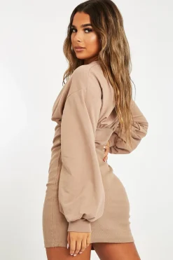 Rebellious Fashion Camel Corset Ribbed Panel Jumper Dress - Kanya