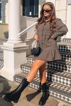 Rebellious Fashion Camel Gingham Frill Hem Mini Shirt Dress - Iyla