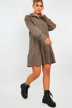 Rebellious Fashion Camel Gingham Frill Hem Mini Shirt Dress - Iyla