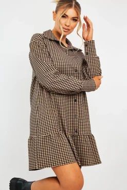 Rebellious Fashion Camel Gingham Frill Hem Mini Shirt Dress - Iyla