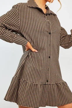 Rebellious Fashion Camel Gingham Frill Hem Mini Shirt Dress - Iyla