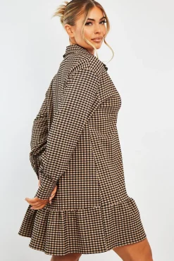 Rebellious Fashion Camel Gingham Frill Hem Mini Shirt Dress - Iyla