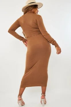 Rebellious Fashion Camel High Neck Belted Knit Midi Dress - Jakira