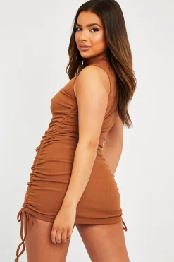 Rebellious Fashion Camel High Neck Side Ruched Mini Bodycon Dress - Nia