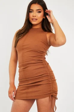 Rebellious Fashion Camel High Neck Side Ruched Mini Bodycon Dress - Nia
