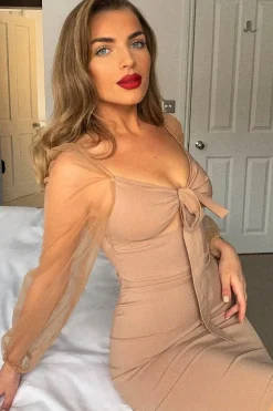 Rebellious Fashion Camel Mesh Sleeves Tie Detail Cut Out Front Dress - Graclynn