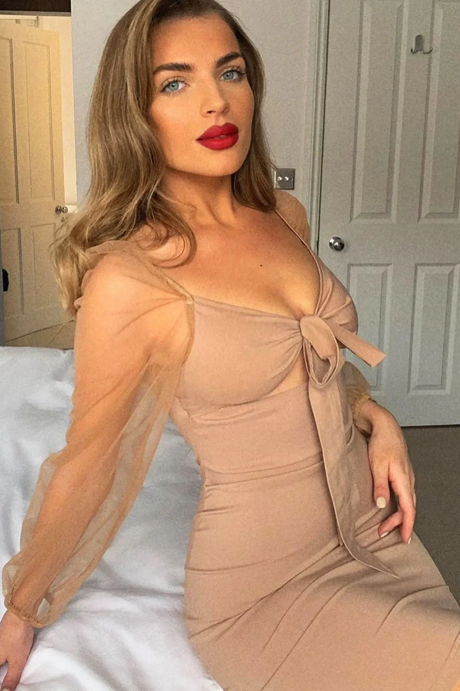 Rebellious Fashion Camel Mesh Sleeves Tie Detail Cut Out Front Dress - Graclynn