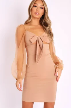 Rebellious Fashion Camel Mesh Sleeves Tie Detail Cut Out Front Dress - Graclynn