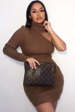 Rebellious Fashion Camel One Shoulder High Neck Knit Mini Dress - Elien