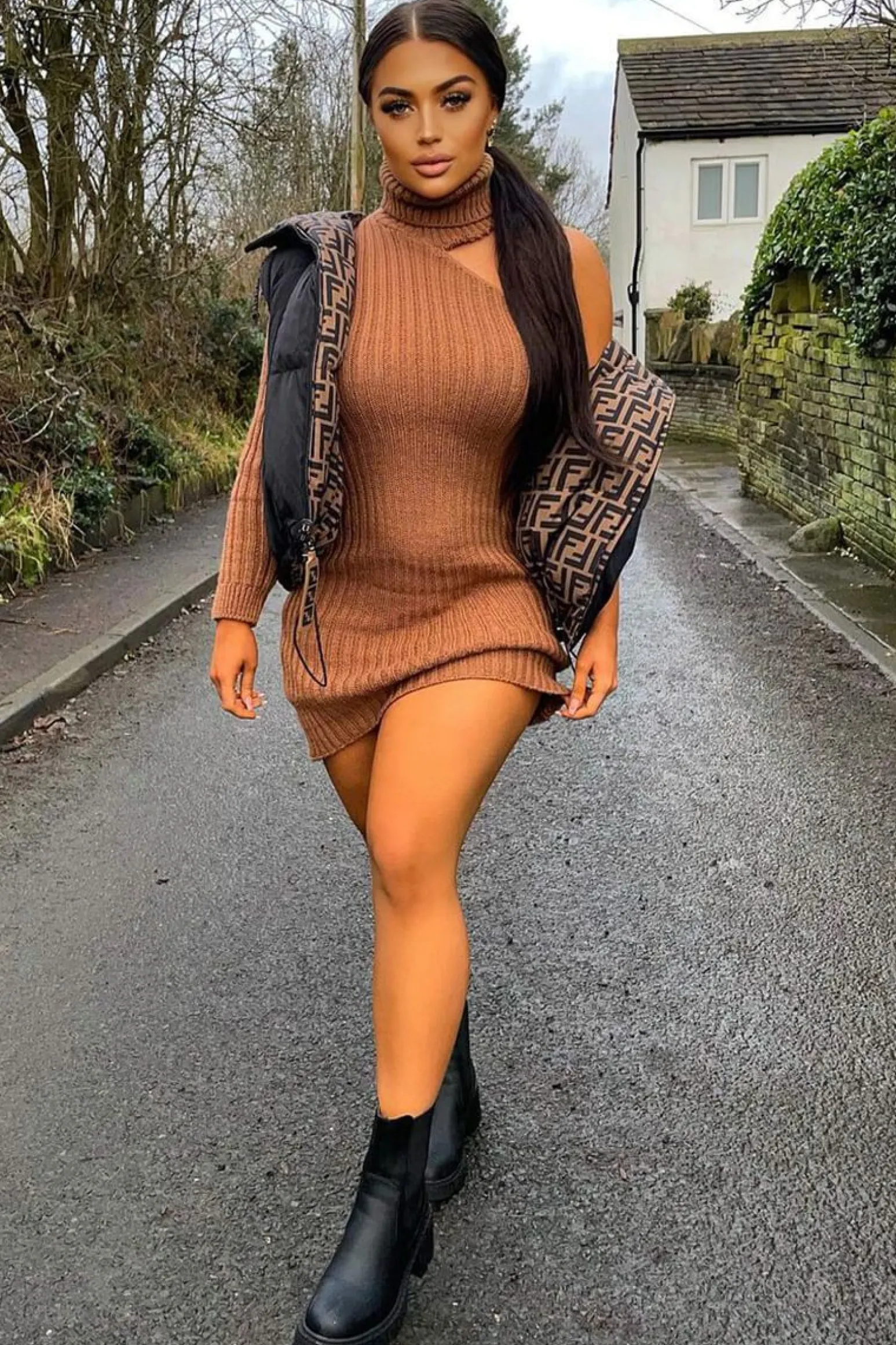 Rebellious Fashion Camel One Shoulder High Neck Knit Mini Dress - Elien