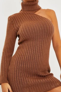 Rebellious Fashion Camel One Shoulder High Neck Knit Mini Dress - Elien