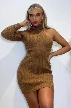Rebellious Fashion Camel One Shoulder High Neck Knit Mini Dress - Elien