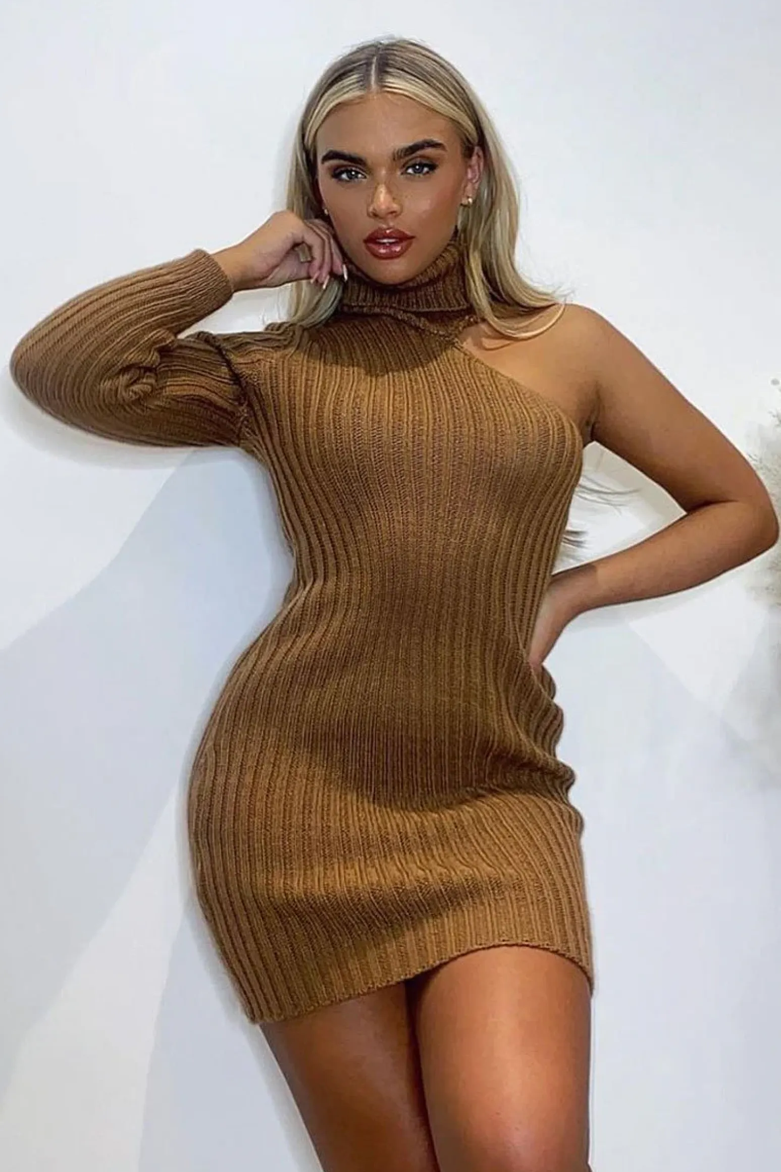 Rebellious Fashion Camel One Shoulder High Neck Knit Mini Dress - Elien