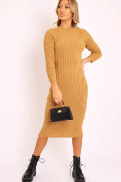 Rebellious Fashion Camel Open Twist Back Midi Bodycon Jumper Dress - Karrah