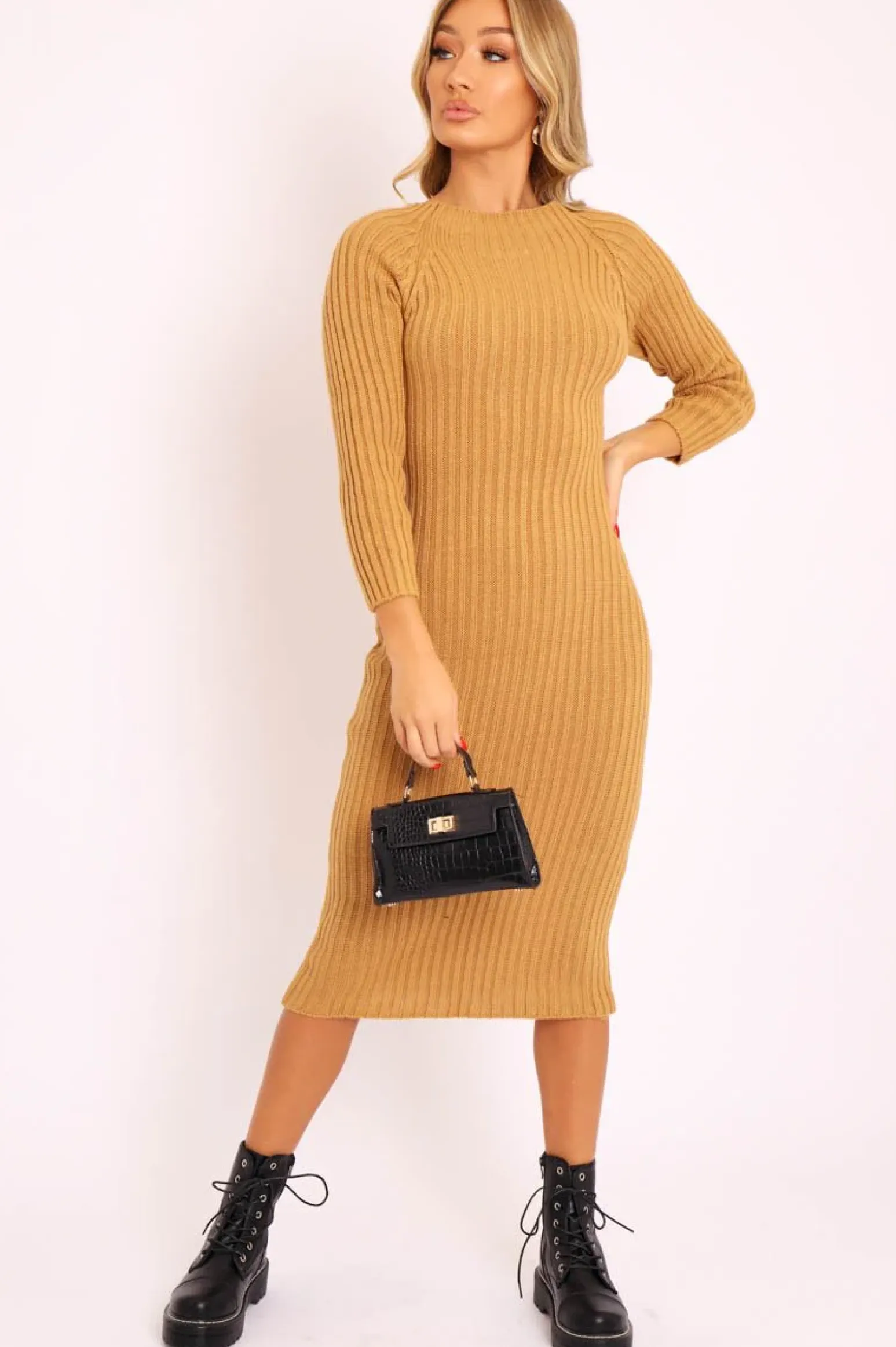 Rebellious Fashion Camel Open Twist Back Midi Bodycon Jumper Dress - Karrah