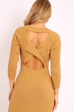Rebellious Fashion Camel Open Twist Back Midi Bodycon Jumper Dress - Karrah