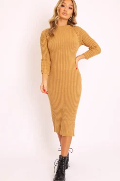 Rebellious Fashion Camel Open Twist Back Midi Bodycon Jumper Dress - Karrah