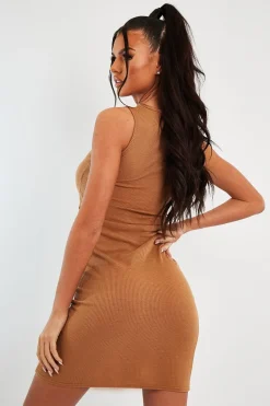 Rebellious Fashion Camel Ribbed Racer Midi Dress - Azra