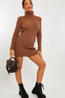 Rebellious Fashion Camel Roll Neck Knit Mini Dress - Franceska