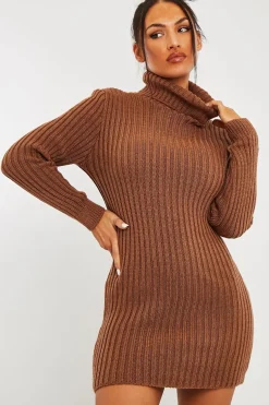 Rebellious Fashion Camel Roll Neck Knit Mini Dress - Franceska