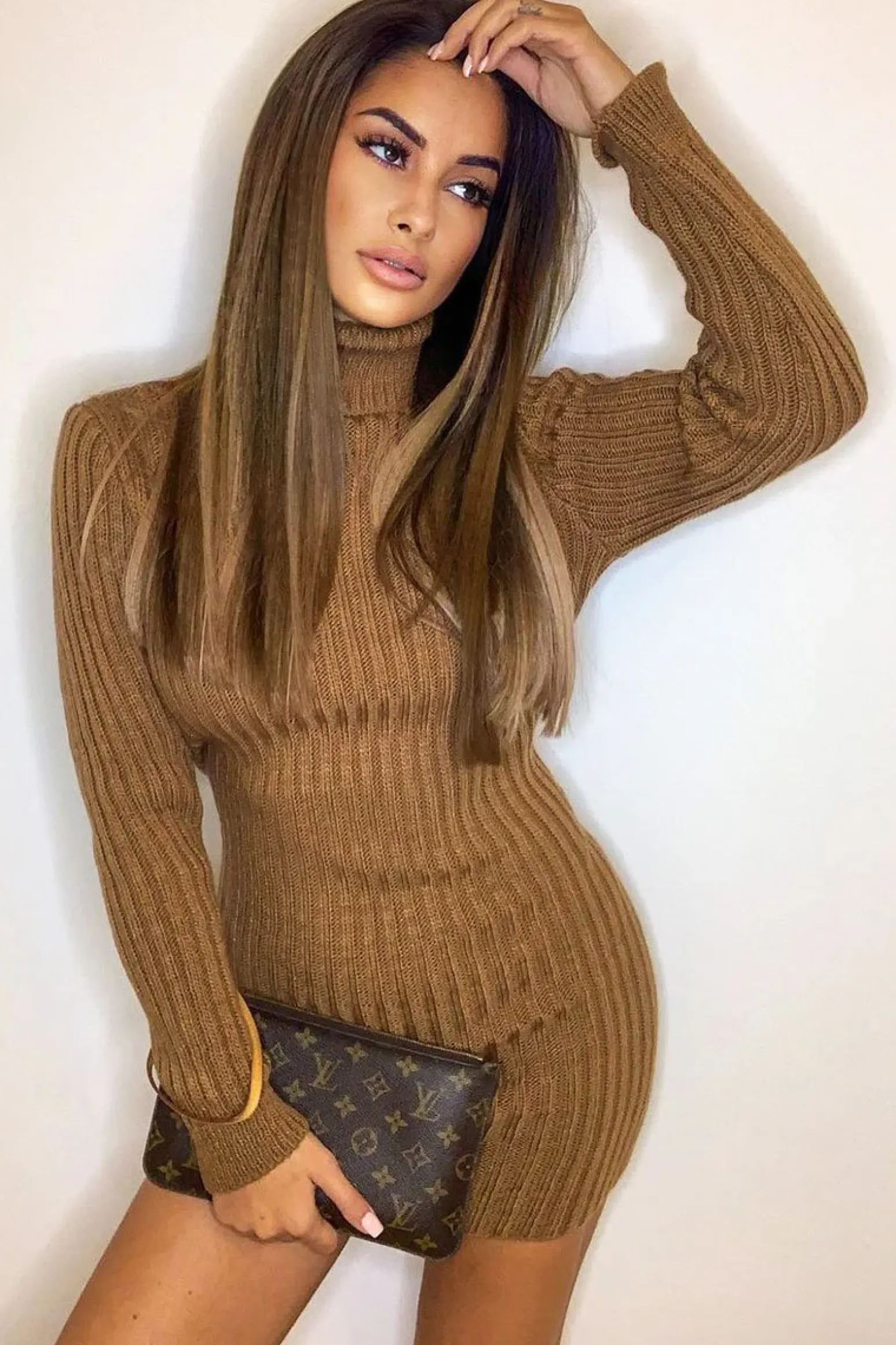 Rebellious Fashion Camel Roll Neck Knit Mini Dress - Franceska